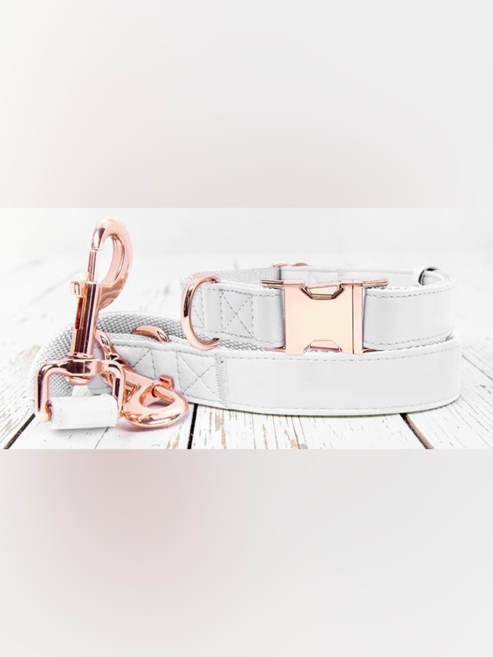 White Dog Collar & Leash Set with Rose Gold Hardware
